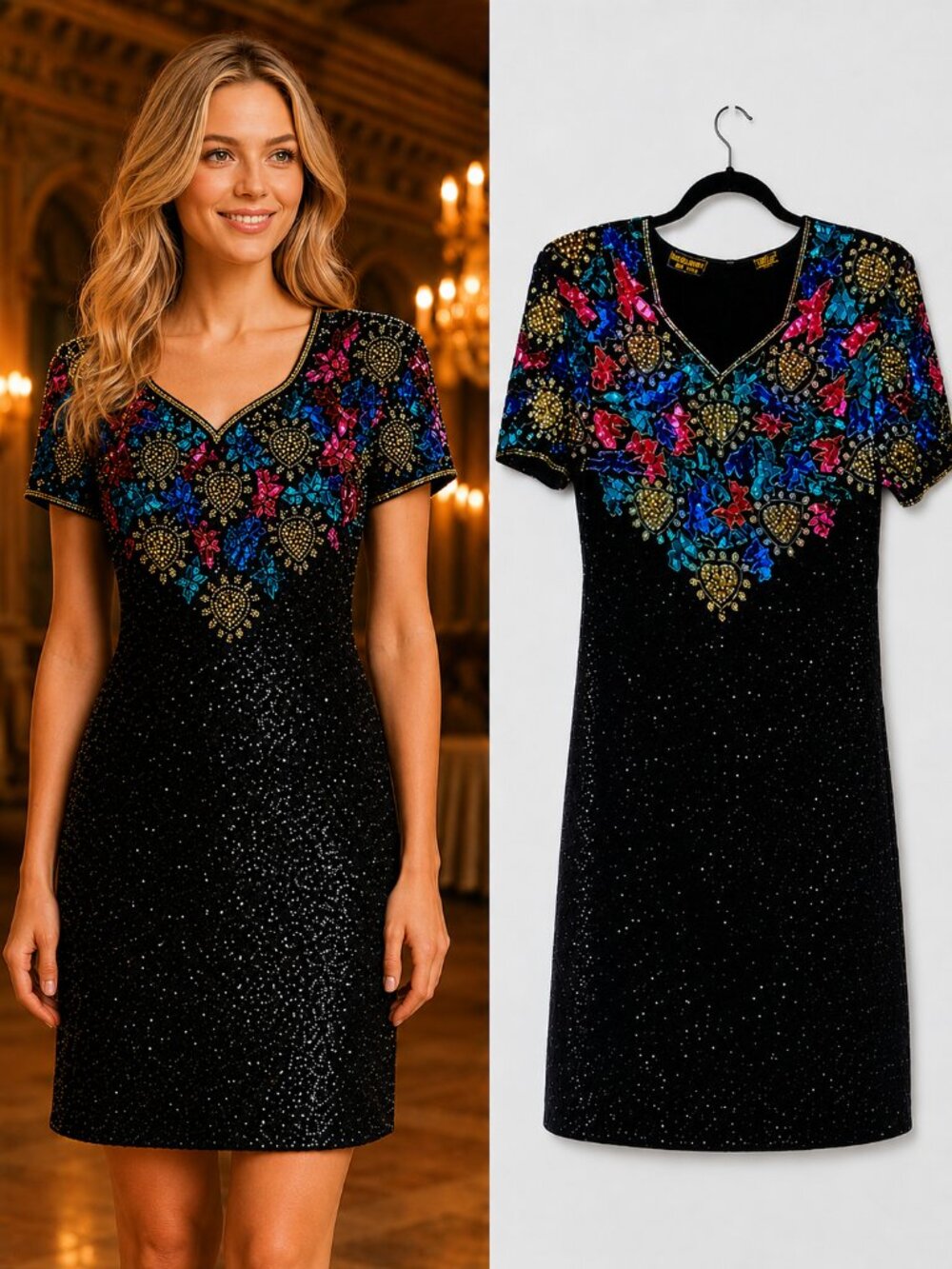 Vintage Beaded Sequins 100% Silk Cocktail Dress with Sweetheart Neckline